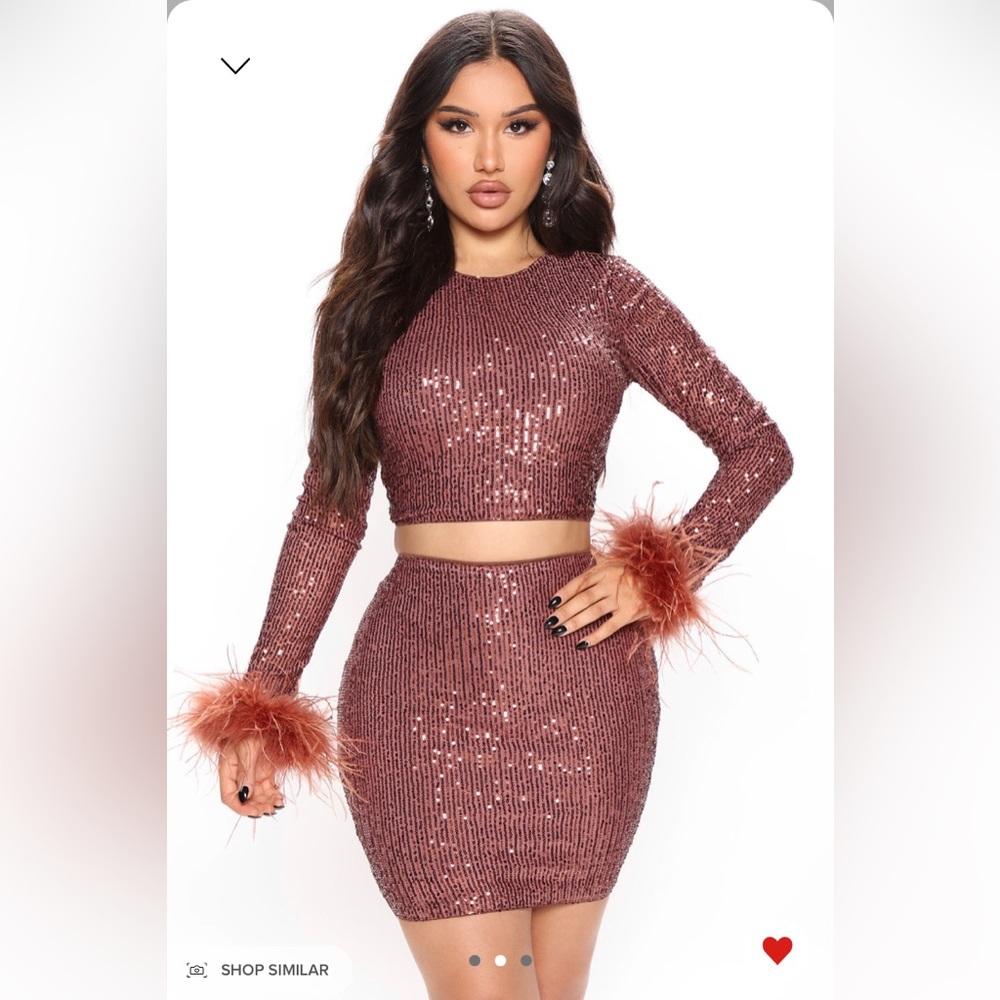 Fashion Nova Love Affair sequin feather sleeve skirt set holiday pink bronze